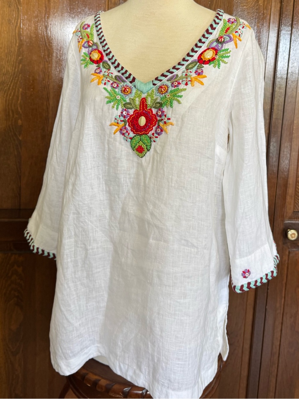 Soft Surroundings Fiesta White Linen Tunic with Bright Multicolor Embroidery S